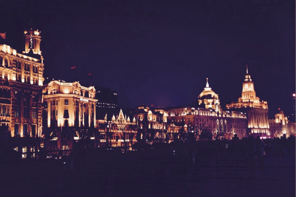 Nighttime photo of the European waterfront in Shanghai called the Bund